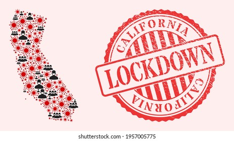 Vector mosaic California State map of covid-2019 virus, masked people and red grunge lockdown seal stamp. Virus items and people in masks inside California State map.