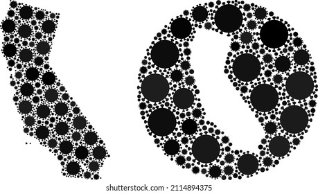 Vector mosaic California State map of flu virus elements. Mosaic geographic California State map constructed as carved shape from round shape with SARS virus icons in black colors.