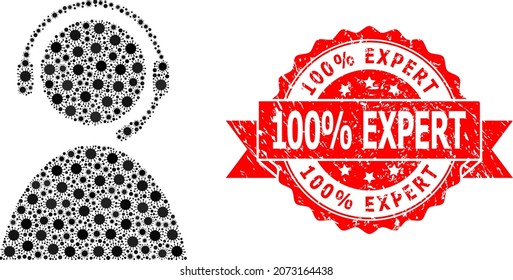Vector mosaic call center operator of covid-2019 virus, and 100 percent Expert corroded ribbon stamp. Virus particles inside call center operator mosaic. Red stamp includes 100 percent Expert tag