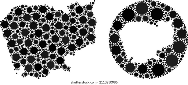 Vector mosaic Cambodia map of covid-2019 elements. Mosaic geographic Cambodia map created as subtraction from circle with covid infection elements in black colors. Illustration for safety templates.
