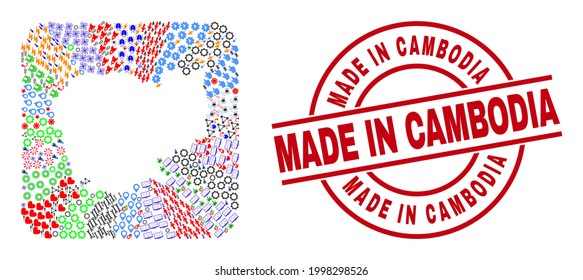 Vector mosaic Cambodia map of different pictograms and Made in Cambodia seal stamp. Mosaic Cambodia map constructed as carved shape from rounded square shape.
