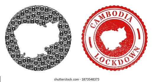 Vector mosaic Cambodia map of locks and grunge LOCKDOWN seal. Mosaic geographic Cambodia map created as hole from circle with black locks. Red seal with grunge rubber texture and LOCKDOWN text.