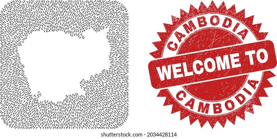 Vector mosaic Cambodia map of movement arrows and rubber Welcome seal. Mosaic geographic Cambodia map created as subtraction from rounded square using movement arrows.
