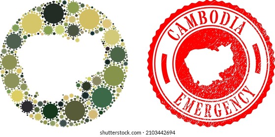 Vector mosaic Cambodia map of SARS virus elements and grunge EMERGENCY seal stamp.