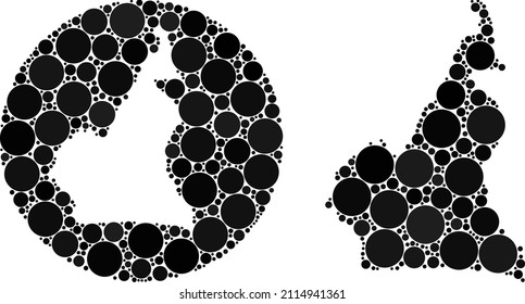 Vector mosaic Cameroon map of circle items. Mosaic geographic Cameroon map designed as subtraction from round shape with round parts in black color hues. Pixelated vector mosaic Cameroon map.