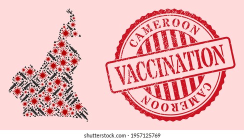 Vector mosaic Cameroon map of corona virus, injection icons, and red grunge vaccine seal stamp. Virus particles and injection items inside Cameroon map.