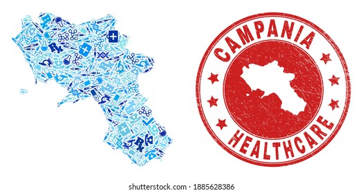 Vector mosaic Campania region map with vaccination icons, receipt symbols, and grunge doctor seal stamp. Red round seal with corroded rubber texture and Campania region map tag and map.