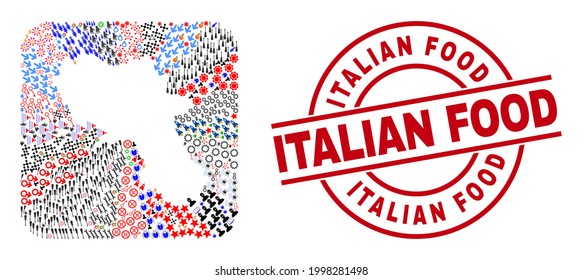 Vector mosaic Campania region map of different icons and Italian Food seal stamp. Mosaic Campania region map constructed as stencil from rounded square. Red round seal with Italian Food tag.