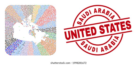 Vector mosaic Canada map of different symbols and Saudi Arabia United States stamp. Collage Canada map created as carved shape from rounded square shape.