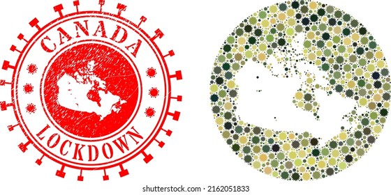 Vector mosaic Canada map of flu virus items and grunge LOCKDOWN seal stamp. Mosaic geographic Canada map created as subtraction from circle with SARS virus items in khaki army colors.