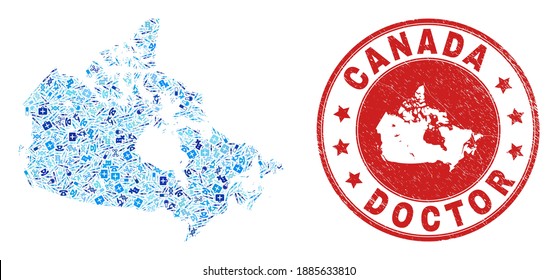 Vector mosaic Canada map with medical icons, hospital symbols, and grunge doctor rubber imitation. Red round stamp with corroded rubber texture and Canada map text and map.