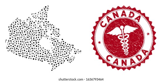 Vector mosaic Canada map and red round rubber stamp watermark with healthcare icon. Canada map collage created with oval items. Red round clinic stamp, with grunge texture.