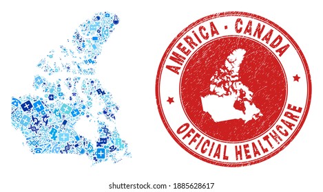 Vector mosaic Canada v2 map of healthcare icons, hospital symbols, and grunge health care seal. Red round seal with distress rubber texture and Canada v2 map text and map.