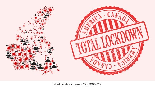 Vector mosaic Canada v2 map of covid-2019 virus, masked people and red grunge lockdown seal stamp. Virus cells and people in masks inside Canada v2 map.