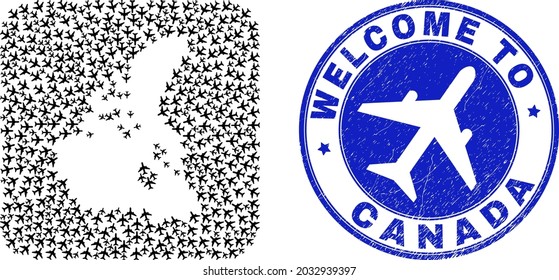 Vector mosaic Canada v2 map of airflight elements and grunge Welcome badge. Mosaic geographic Canada v2 map created as subtraction from rounded square with air vehicles.
