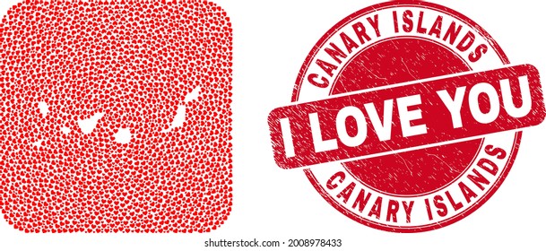 Vector mosaic Canary Islands map of lovely heart elements and grunge love badge. Collage geographic Canary Islands map created as subtraction from rounded square shape with lovely hearts.