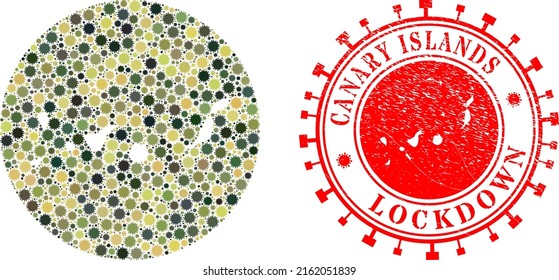 Vector mosaic Canary Islands map of sars virus icons and grunge LOCKDOWN stamp. Mosaic geographic Canary Islands map created as subtraction from circle with flu virus icons in khaki army colors.