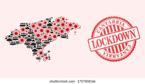 Mapa del virus SARS en la provincia de Cantabria, mosaico vectorial, hombres enmascarados y sello de bloqueo de grunge rojo. Elementos de virus y hombres enmascarados dentro del mapa de la provincia de Cantabria.