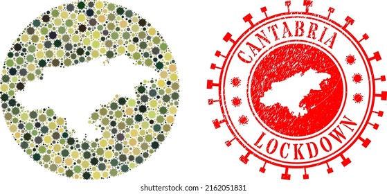 Vector mosaic Cantabria Province map of flu virus icons and grunge LOCKDOWN stamp.