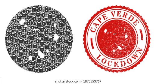 Mosaico vectorial de las Islas Cabo Verde mapa de cerraduras y grunge sello de sellado de LOCKDOWN. Mapa geográfico musulmán de las Islas Cabo Verde creado como un agujero de forma redonda con cerraduras negras.