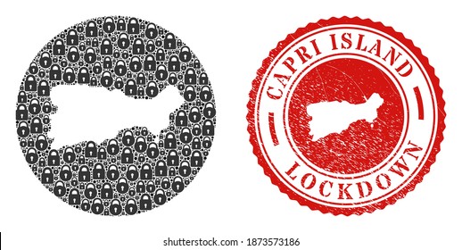 Vektor mosaic Capri Island Karte von Schlössern und grunge LOCKDOWN Siegel Stempel. Mosaik geographische Capri-Insel-Karte als geschnitzte Form aus runden Formen mit schwarzen Schlössern.