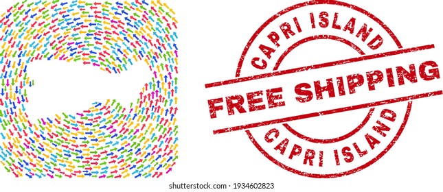 Vektor mosaic Capri Island Karte der Lieferpfeile und kratzte Free Shipping Stempel. Collage geographische Karte von Capri Island entworfen mit farbigen Lieferpfeilen um abgerundete quadratische Subtraktion.