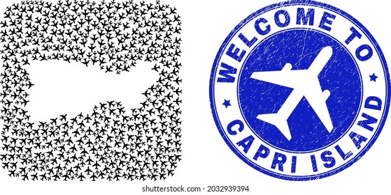 Mosaico vectorial de Capri Island mapa de elementos de vuelo aéreo y sello de bienvenida grunge. Mapa geográfico mosaico de la isla de Capri diseñado en forma de cuadrado redondeado usando vuelos aéreos.