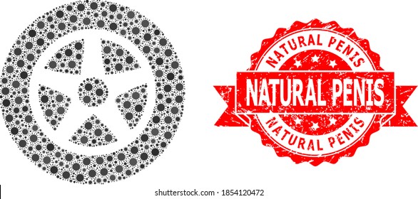 Volante de coche de mosaico vectorial del virus SARS y imitación de sello de cinta sucia de Natural Penis. Elementos de virus dentro del mosaico de la rueda del coche. El sello rojo tiene texto de Natural Penis dentro de la cinta.
