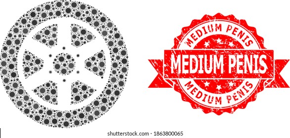 Vector mosaic car wheel of SARS virus, and Medium Penis scratched ribbon stamp seal. Virus items inside car wheel mosaic. Red stamp seal contains Medium Penis tag inside ribbon.