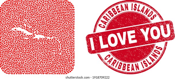 Vector mosaic Caribbean Islands map of love heart elements and grunge love seal. Mosaic geographic Caribbean Islands map created as stencil from rounded square with lovely hearts.
