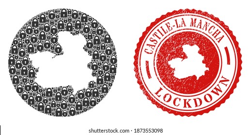 Vector mosaic Castile-La Mancha Province map of locks and grunge LOCKDOWN stamp. Mosaic geographic Castile-La Mancha Province map constructed as hole from round shape with black locks.