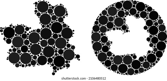 Vector mosaic Castile-La Mancha Province map of round elements. Mosaic geographic Castile-La Mancha Province map is designed as subtraction from round shape with round parts in black color hues.