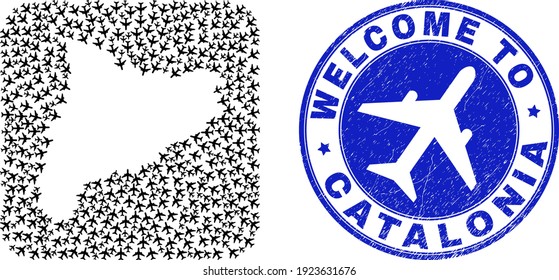 Vector mosaic Catalonia map of airflight items and grunge Welcome badge. Mosaic geographic Catalonia map constructed as carved shape from rounded square shape with airways.