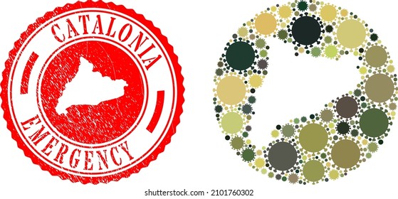 Vector mosaic Catalonia map of sars virus items and grunge EMERGENCY seal. Mosaic geographic Catalonia map constructed as hole from round shape with sars virus items in khaki military colors.