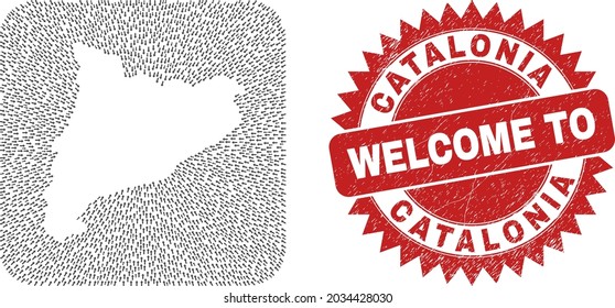 Vector mosaic Catalonia map of straight arrows and rubber Welcome seal stamp. Mosaic geographic Catalonia map created as carved shape from rounded square shape using movement arrows.
