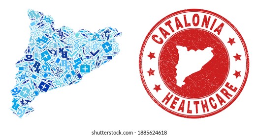 Vector mosaic Catalonia map with syringe icons, receipt symbols, and grunge health care rubber imitation. Red round imprint with corroded rubber texture and Catalonia map text and map.