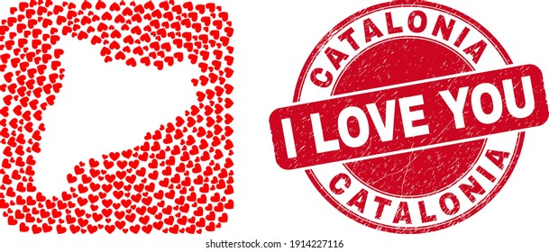 Vector mosaic Catalonia map of valentine heart elements and grunge love stamp. Mosaic geographic Catalonia map designed as hole from rounded square shape with valentine hearts.
