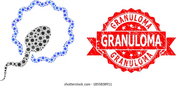Inseminación de células de mosaico vectorial del virus del SARS y sello de sello de cinta impuro Granuloma. Elementos de virus dentro del collage de inseminación celular. El sello rojo tiene el texto Granuloma dentro de la cinta.