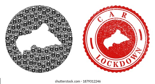 Vector mosaic Central African Republic map of locks and grunge LOCKDOWN stamp. Mosaic geographic Central African Republic map designed as carved shape from round shape with black locks.