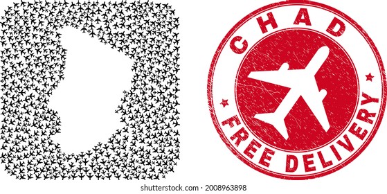 Vector mosaic Chad map of air force elements and grunge Free Delivery badge. Mosaic geographic Chad map created as stencil from rounded square shape with shipping jet vehicles.