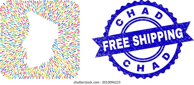 Vector mosaic Chad map of evacuation arrows and grunge Free Shipping seal stamp. Mosaic Chad map constructed as stencil from rounded square with evacuation arrows.