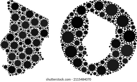 Vector mosaic Chad map of sars virus icons. Mosaic geographic Chad map created as carved shape from round shape with sars virus elements in black color hues. Abstraction for epidemic templates.
