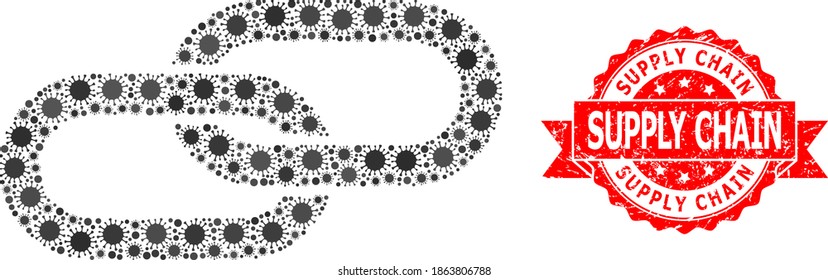 Cadena de mosaico vectorial del virus SARS y sello de la cinta de la cadena de suministro. Elementos de virus dentro del collage de cadenas. El sello rojo incluye la leyenda de la cadena de suministro dentro de la cinta.