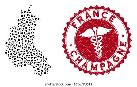 Vector mosaic Champagne Province map and red rounded rubber stamp seal with medical symbol. Champagne Province map collage constructed with ellipse spots. Red round medical seal stamp,