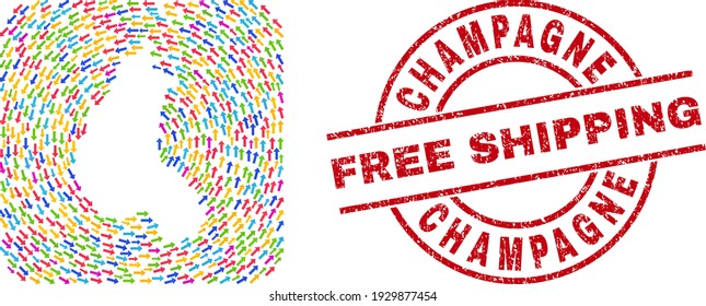 Vektor mosaic Champagner Provinz Karte von Bewegung Pfeile und Gummi Free Shipping Siegel Stempel.
