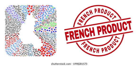 Vector mosaic Champagne Province map of different symbols and French Product badge. Mosaic Champagne Province map constructed as carved shape from rounded square shape.