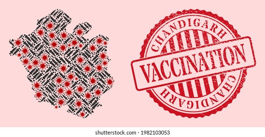 Vector mosaic Chandigarh City map of covid-2019 virus, vaccine icons, and red grunge vaccination seal. Virus items and injection items inside Chandigarh City map.