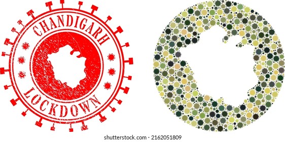 Vector mosaic Chandigarh City map of coronavirus elements and grunge LOCKDOWN seal.