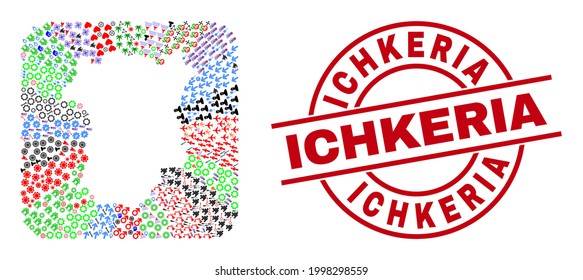 Vector mosaic Chechen Republic map of different symbols and Ichkeria stamp. Mosaic Chechen Republic map created as stencil from rounded square. Red round stamp with Ichkeria tag.