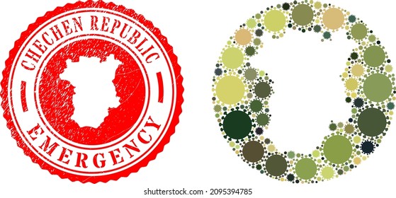Vector mosaic Chechen Republic map of sars virus elements and grunge EMERGENCY stamp.